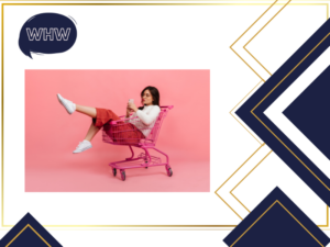 Black Friday 2024: elegantes-Teenager-Mädchen-in-Hosenhosen-und-weißem-Sweatshirt-sitzt-im-Supermarkt-Einkaufswagen-Modell-einer-Brille