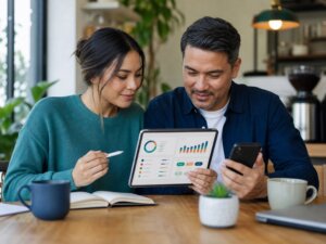 Two adults review an automated household budget together on digital devices