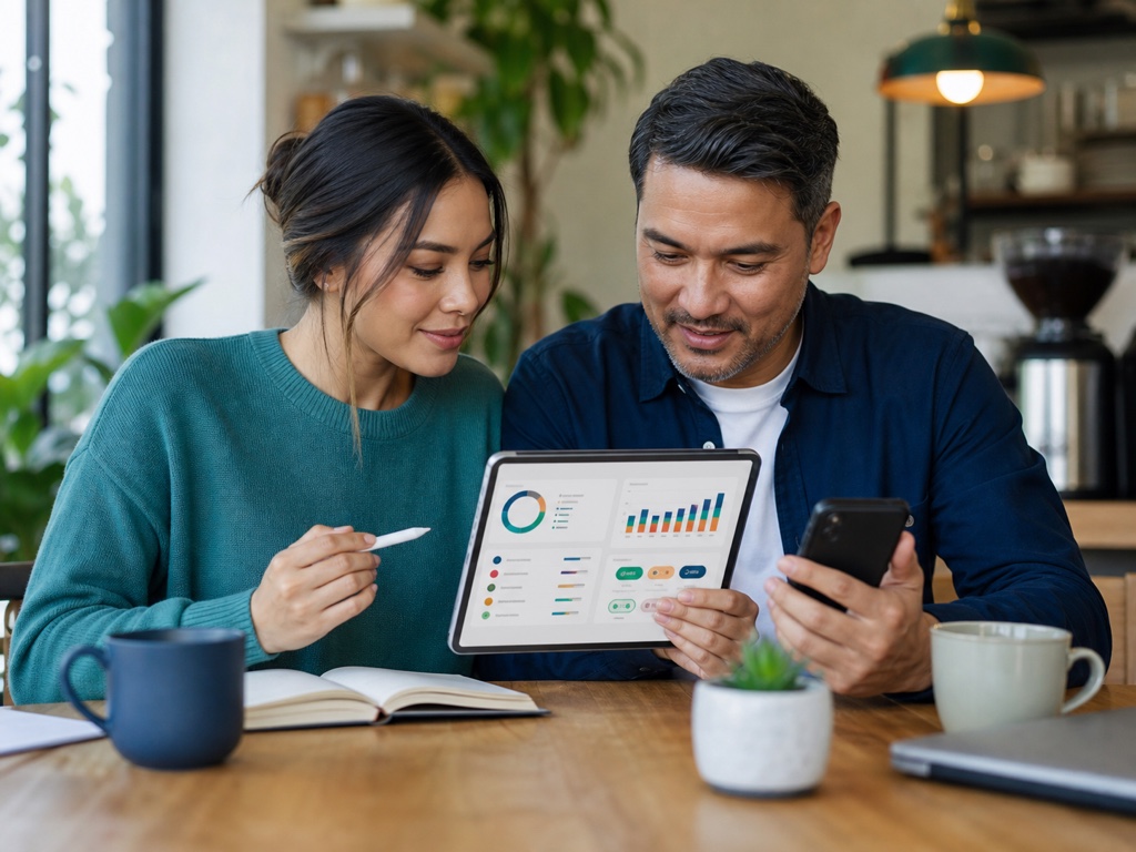 Two adults review an automated household budget together on digital devices