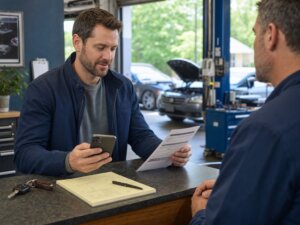 Car owner reviews a repair estimate and uses a dedicated savings fund