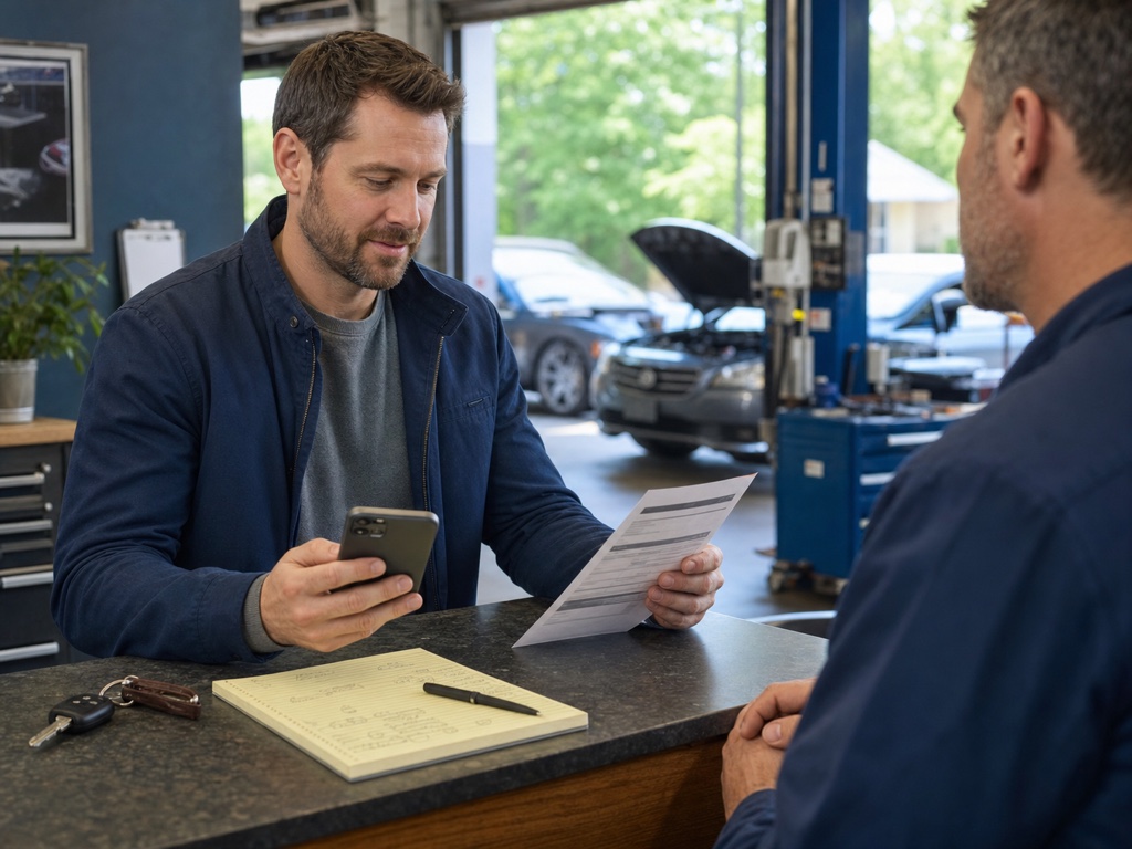 Car owner reviews a repair estimate and uses a dedicated savings fund
