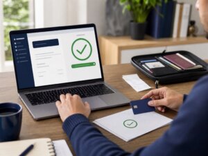 Person stellt die Kreditkartenabrechnung auf vollständige automatische Zahlung um