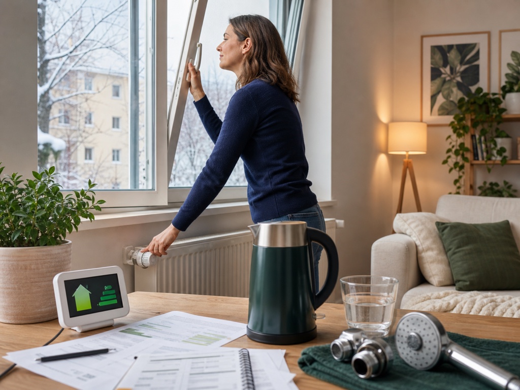 Bewohnerin lüftet kurz und stellt den Heizkörper energiesparend ein